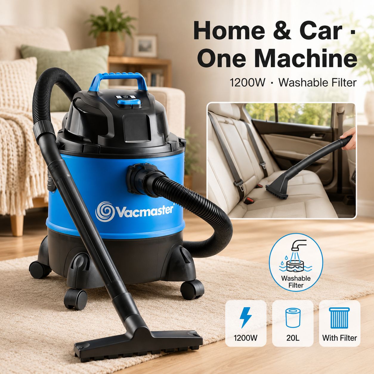 Vacmaster VQ1220PF Aspirateur Eau et Poussière 3-en-1 avec Soufflerie, Moteur 1250 W, Puissance d’Aspiration 200 AW, Cuve Antichoc 20 L, Compact pour Maison, Garage et Voiture