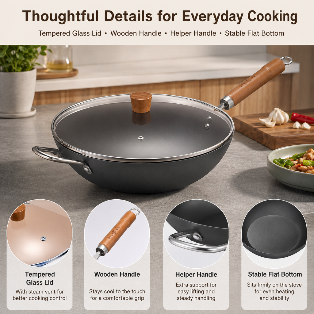 WANGYUANJI 12,6" Wok léger en acier au carbone, wok en fer chinois avec couvercle en verre - Fond plat texturé nid d'abeille pour antiadhésif physique, compatible avec tous les feux