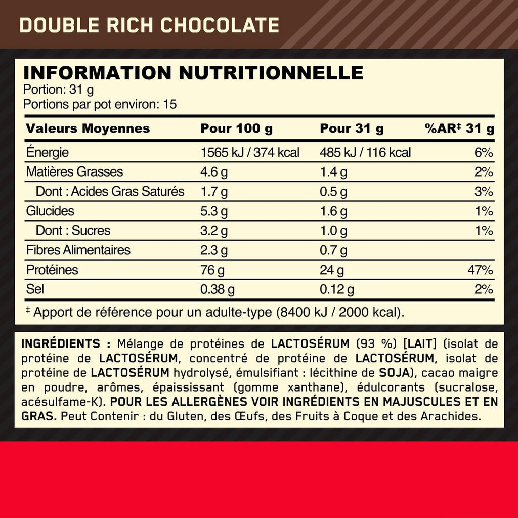 Optimum Nutrition Gold Standard 100% Whey Protein, Double Rich Chocolate 465 g (15 portions)