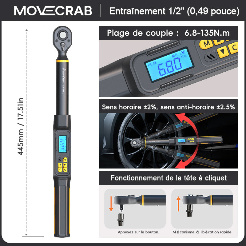 Clé dynamométrique numérique professionnelle Movecrab 1/2" 17-340 N.m Précision ±2% Affichage LED avec Nm/in.lb/ft.lb/kg.cm Alarme sonore