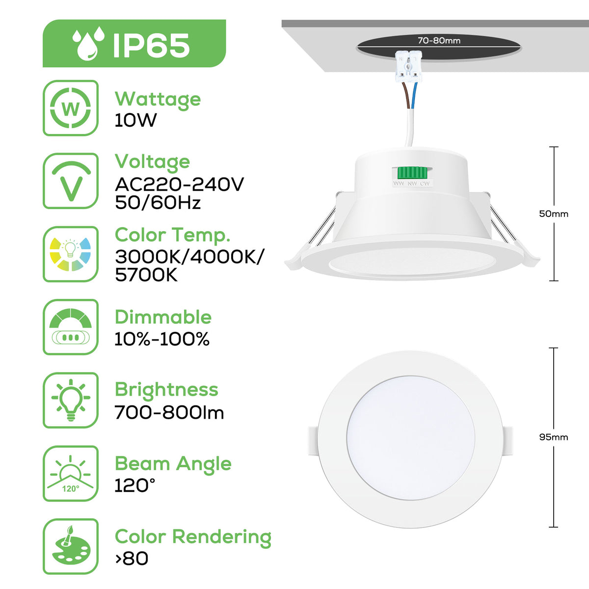 Lot de 6 Spots Encastrables LED Dimmables, 230 V, 10 W, IP65, Blanc Chaud/Neutre/Froid, pour Salle de Bain et Cuisine, Classe Énergétique D
