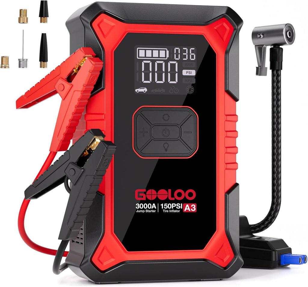(GOOLOO10) Démarreur de voiture GOOLOO A3 avec batterie externe et compresseur, batterie externe de démarreur de secours 3000 A 150 PSI pour véhicules 12 V (jusqu'à 9,0 L d'essence /
