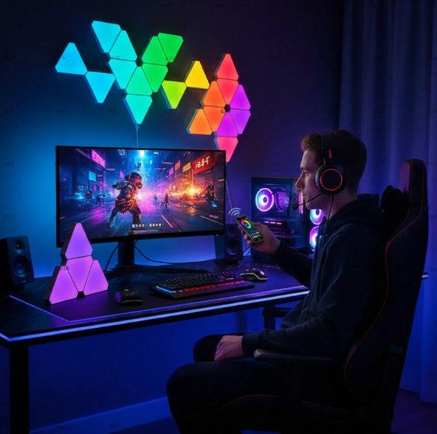 RGB LED Barres lumineuses murales gaming triangulaires, 6 pièces, avec télécommande, panneau lumineux LED intelligent combinable, DIY, synchronisation musicale via application