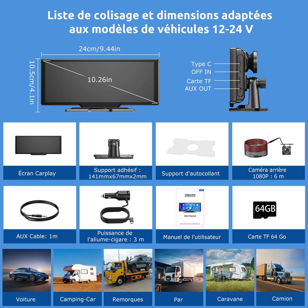 ESSGOO Écran CarPlay HD portable 10,26 pouces, CarPlay sans fil, Android Auto et recopie d'écran, caméra embarquée avant 4K intégrée + caméra de recul AHD 1080P
