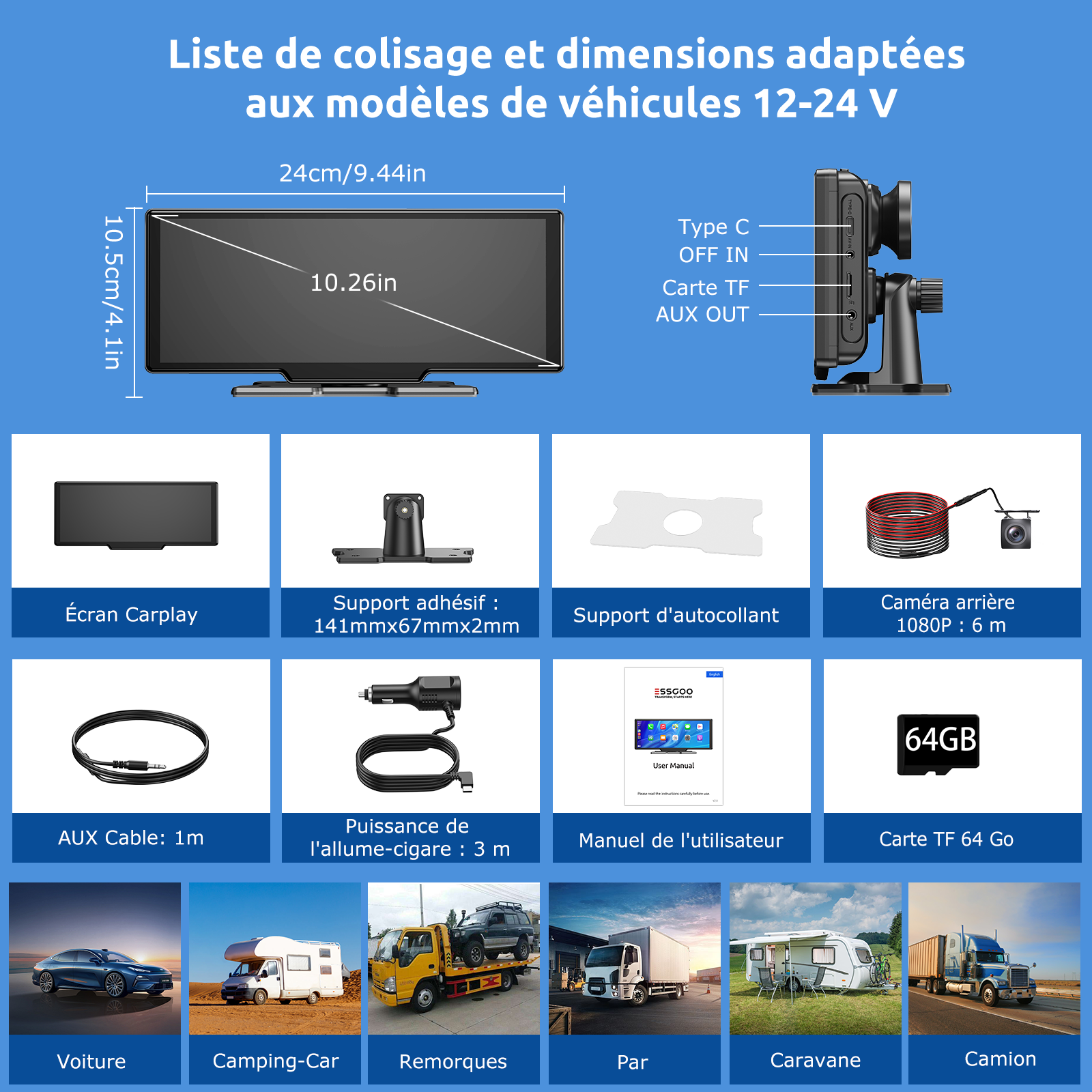 ESSGOO Écran CarPlay HD portable 10,26 pouces, CarPlay sans fil, Android Auto et recopie d'écran, caméra embarquée avant 4K intégrée + caméra de recul AHD 1080P