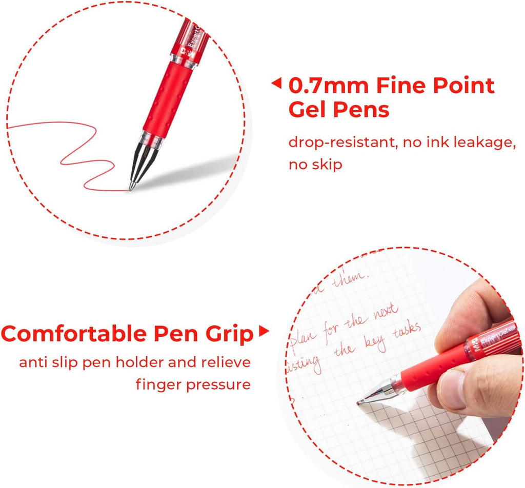 M&G ExpertGel Lot de 12 stylos gel, encre rouge, pointe moyenne 0,7 mm, séchage rapide, écriture fluide, grip antidérapant et capuchon pour bureau et école