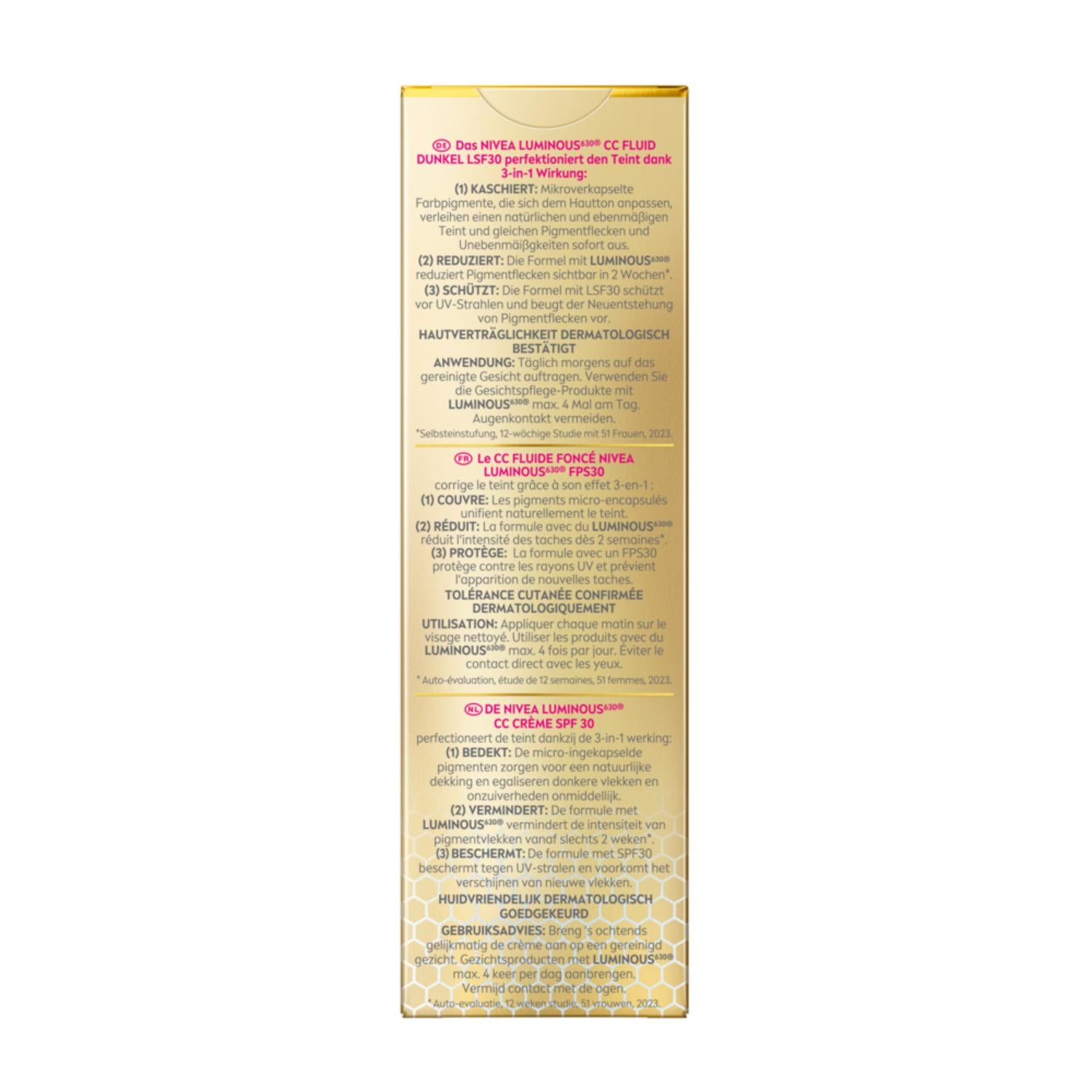 NIVEA Luminous630 Visage CC Fluide Anti‑Taches 3‑en‑1 FPS30 Teinte Foncée 40 ml