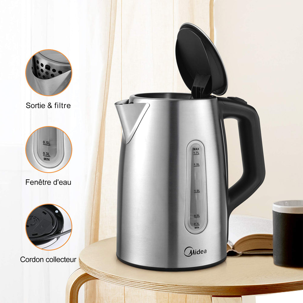 Midea Bouilloire électrique à réglage de température (40-60-70-80-90-100 °C), en acier inoxydable, 1,7 L, 2200 W, avec indicateur de niveau d’eau, fonction maintien au chaud