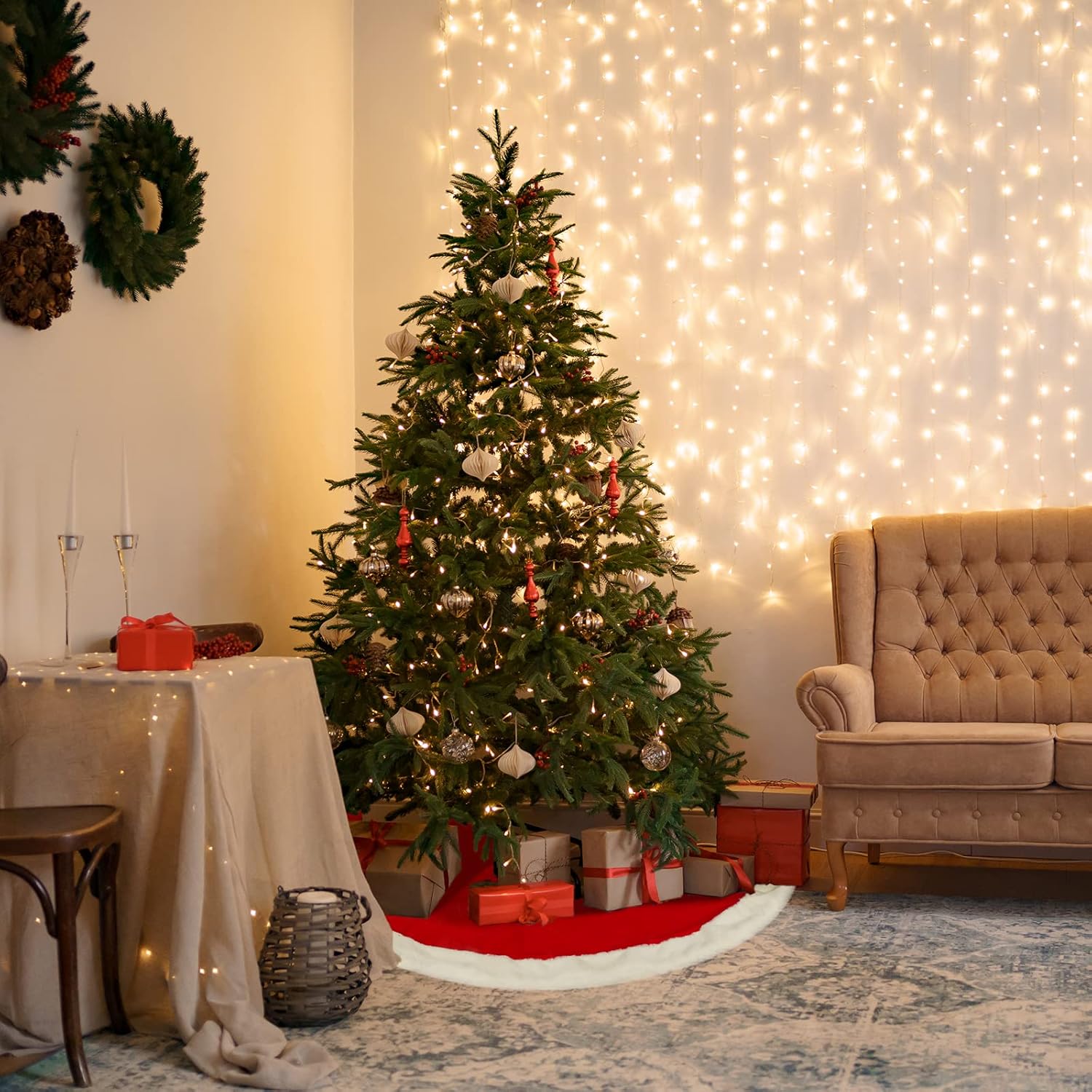 SALCAR Jupe de sapin de Noël ronde en fausse fourrure pelucheuse rouge - 80 cm