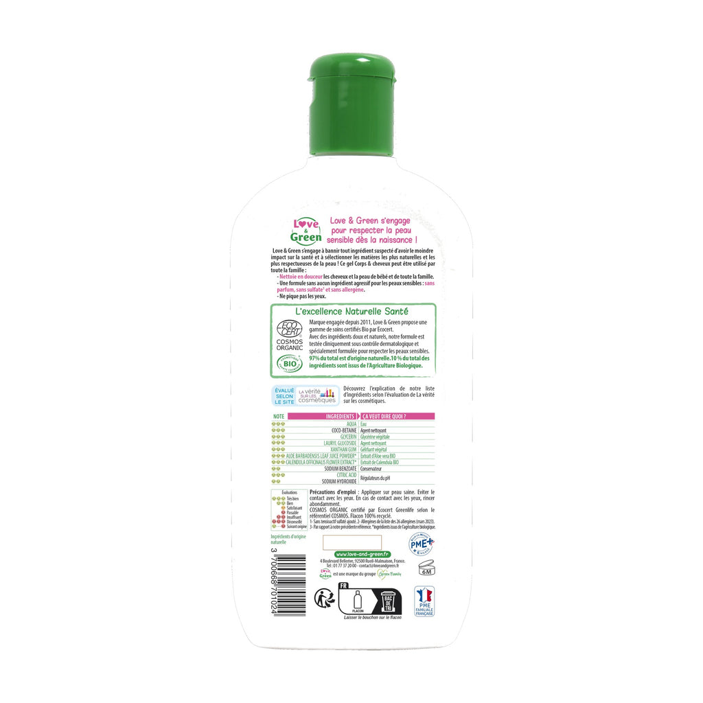 LOVE & GREEN Gel Nettoyant Corps & Cheveux 2-en-1 Bio Peaux Sensibles - 500 ml
