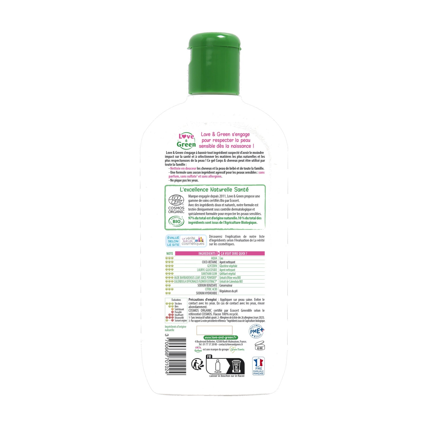 LOVE & GREEN Gel Nettoyant Corps & Cheveux 2-en-1 Bio Peaux Sensibles - 500 ml