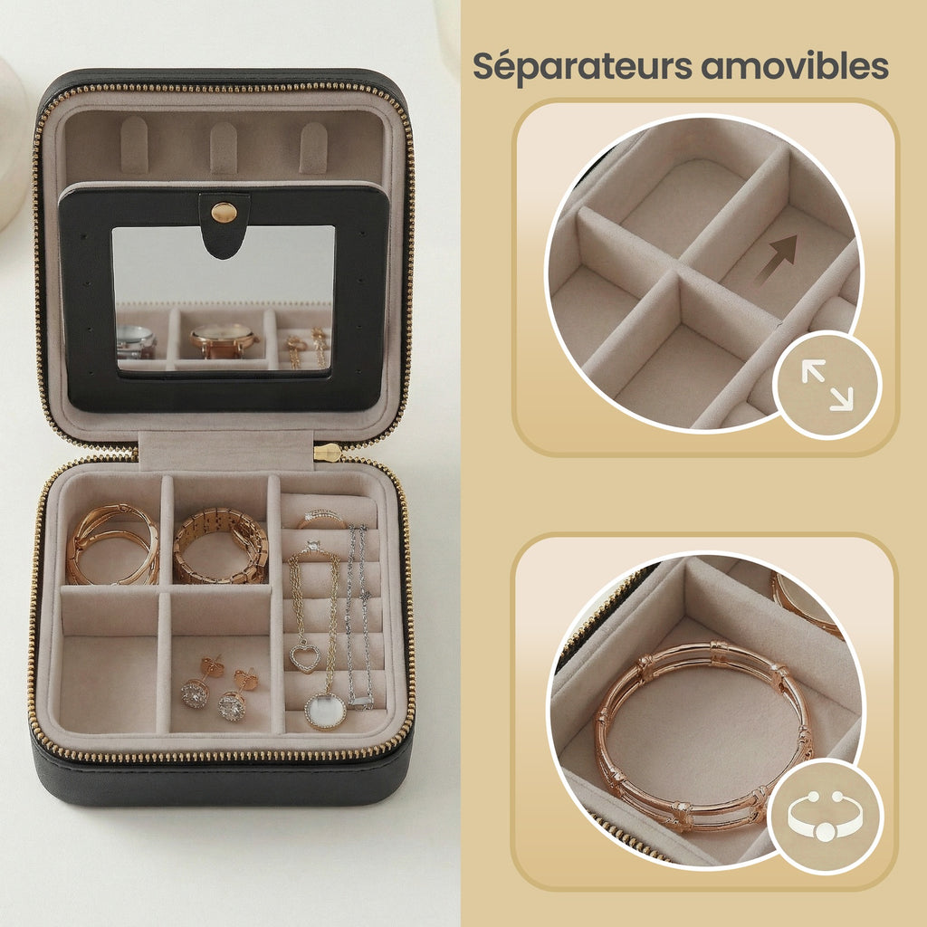 JOYFURNOS Boîte à Bijoux 11,4 x 11,4 x 5,5 cm avec Miroir Intérieur, en Cuir PU, Rangement à Bijoux pour Femme, Organiseur Compact et Portable, Idée Cadeau, Noir Encre