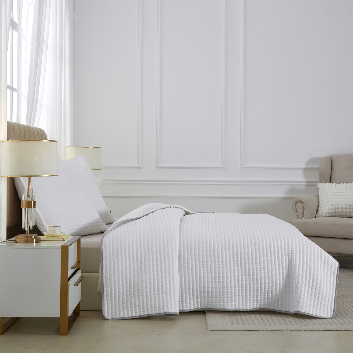 MEEALLHOME Couvre-lit matelassé blanc - 140 x 200 cm + 1 taie 65 x 65 cm