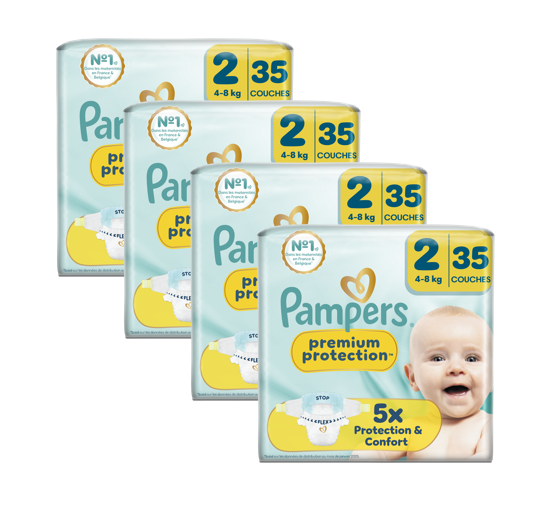 Pampers Premium Protection, Taille 2, 140 Couches, 4-8 kg, Notre #1 Pour La Protection De La Peau Et La Protection Contre Les Fuites