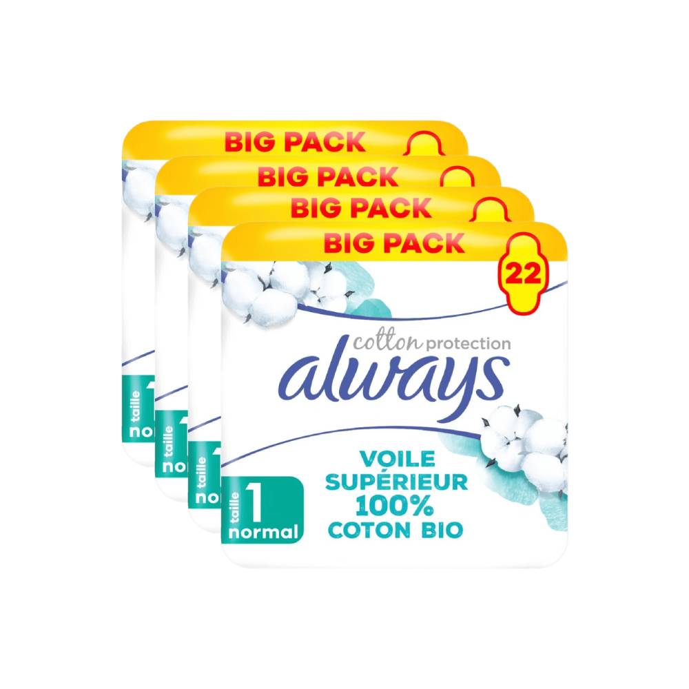 Always Serviettes Hygiéniques Protection Coton Taille 1 Normal Paquet de 88 Serviettes (4 Paquets de 22)