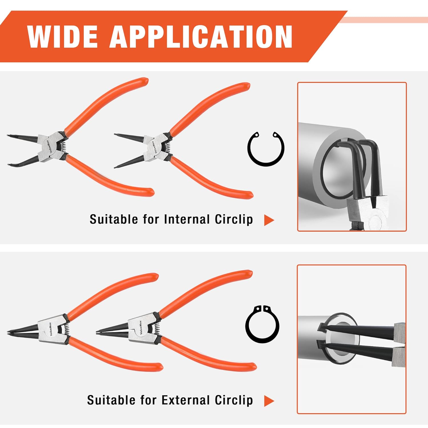ValueMax Lot de 4 pinces à circlips internes et externes 180 mm avec étui de rangement à fermeture éclair