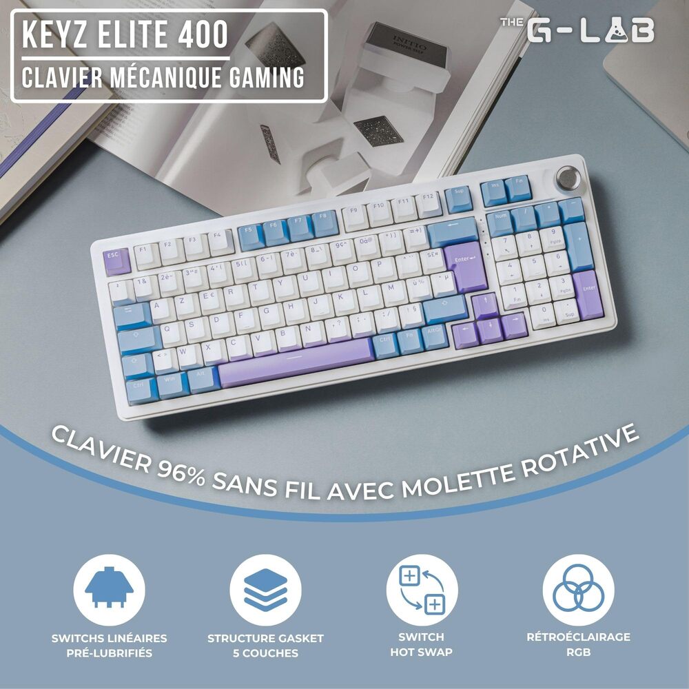 THE G-LAB KEYZ ELITE 400 Clavier Gaming Mécanique Switch Linéaire Triple Mode RGB, 96 % - QWERTY - Blanc/Bleu