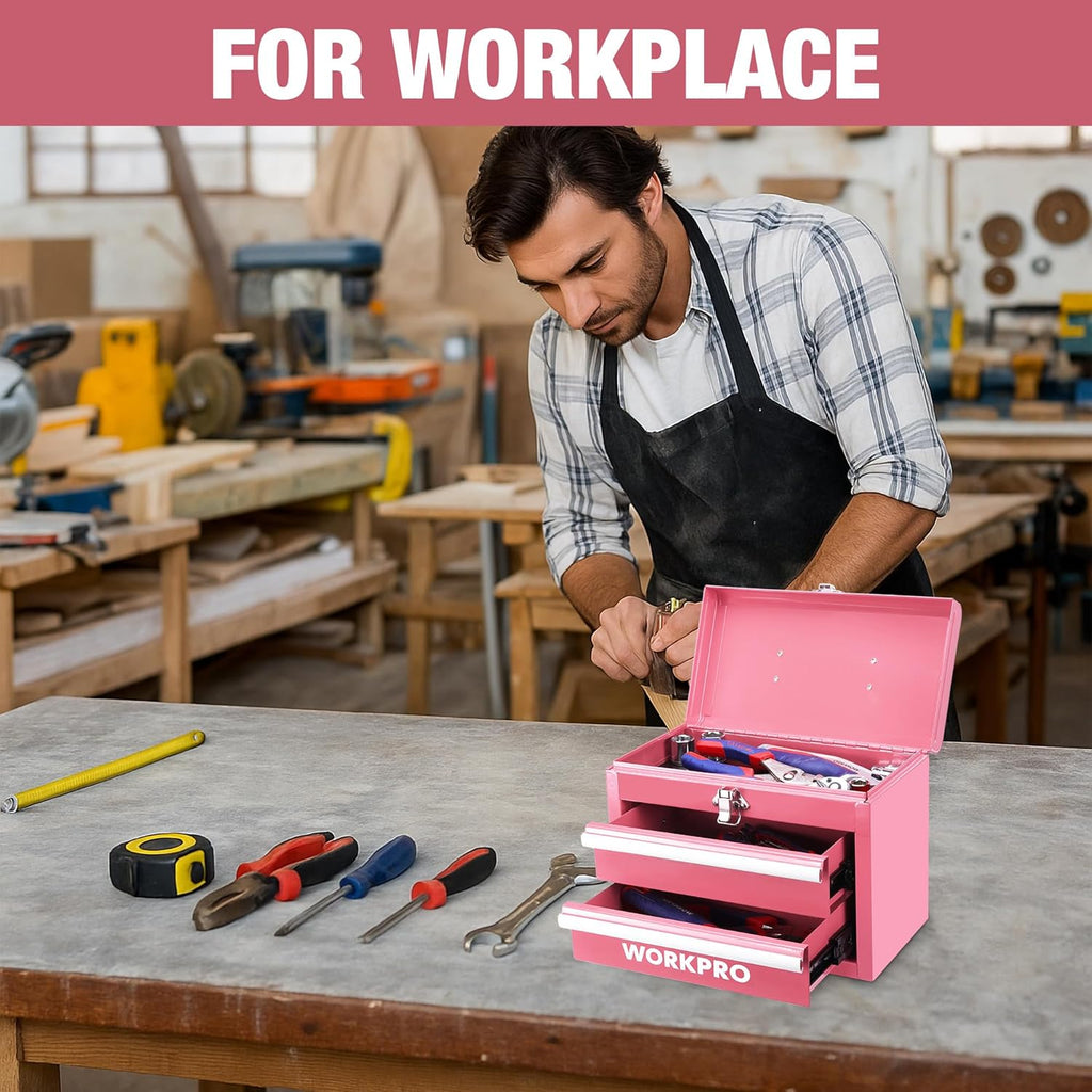 WORKPRO Mini mallette de transport en métal avec 2 tiroirs (guidage à roulements amélioré, avec serrure et poignée) - rose