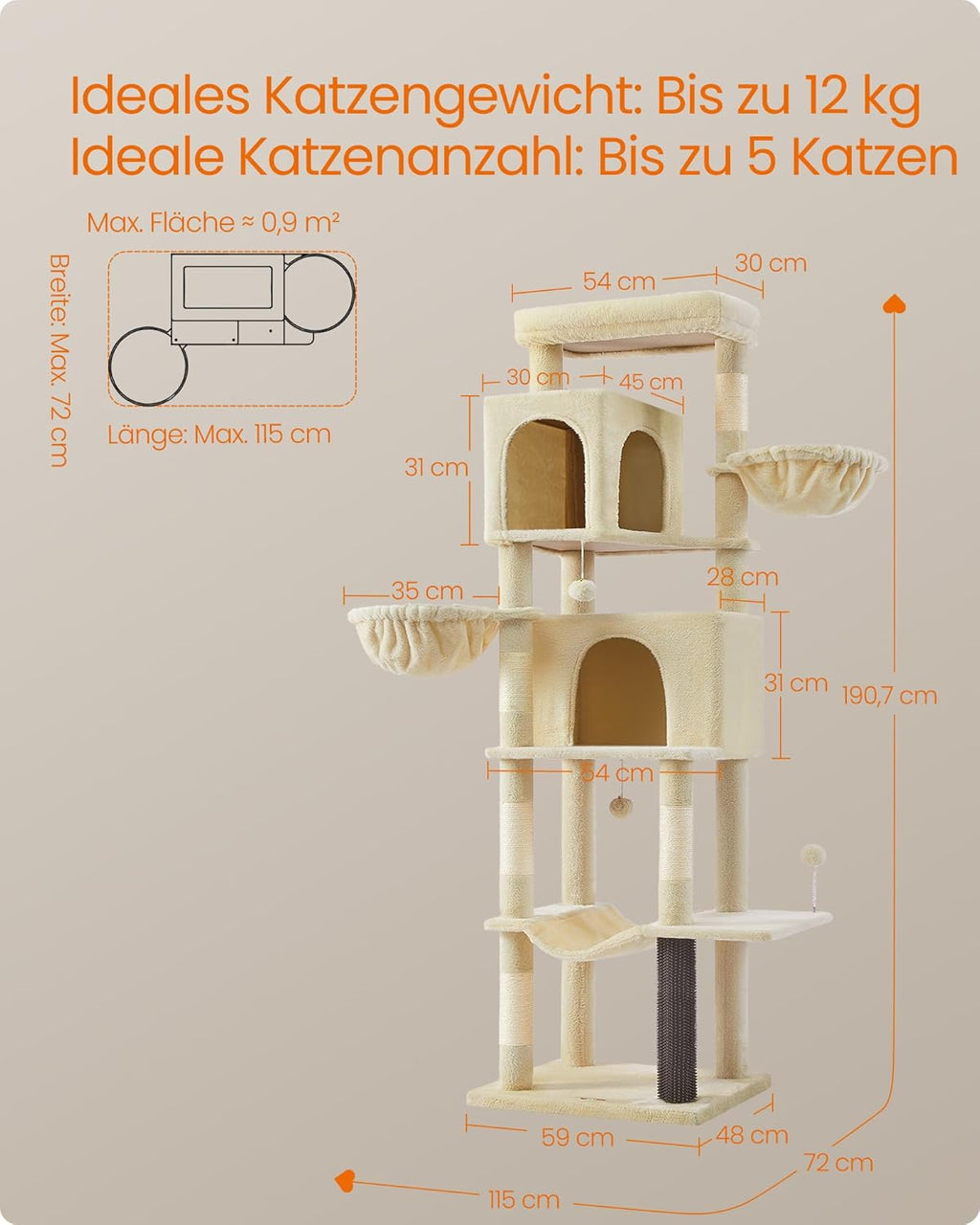 Feandrea Griffoir pour chat grand 75" de haut XXL arbre à chat multi-niveaux avec 2 niches, 2 paniers, 5 colonnes à griffer, brosse pour chat, grande plateforme, sable beige