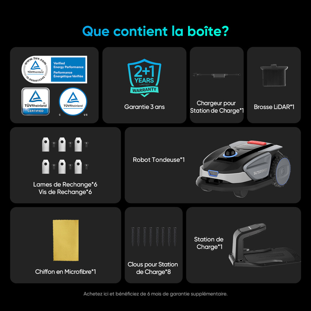 Sunseeker S4 Robot Tondeuse Sans Fil à Périmètre pour 1000 m² – LiDAR 360° et Vision IA, Cartographie Automatique, Évitement Intelligent des Obstacles, Multi-Zones, Contrôle Via Application