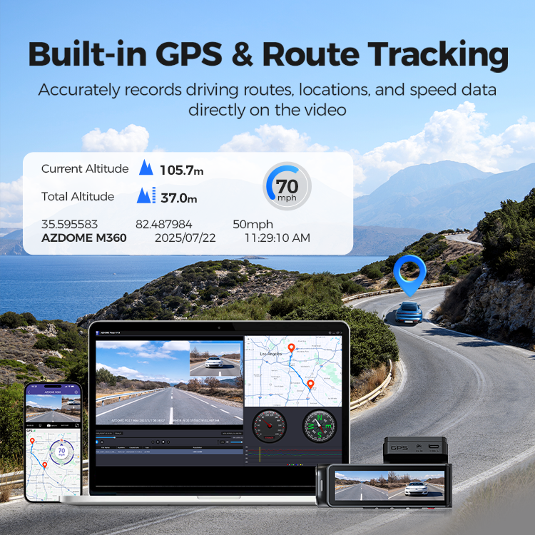 AZDOME M360 Caméra embarquée avant et arrière 4K + FHD, Wi-Fi 5 GHz, GPS, ADAS, commande vocale en anglais, super vision nocturne, large plage dynamique
