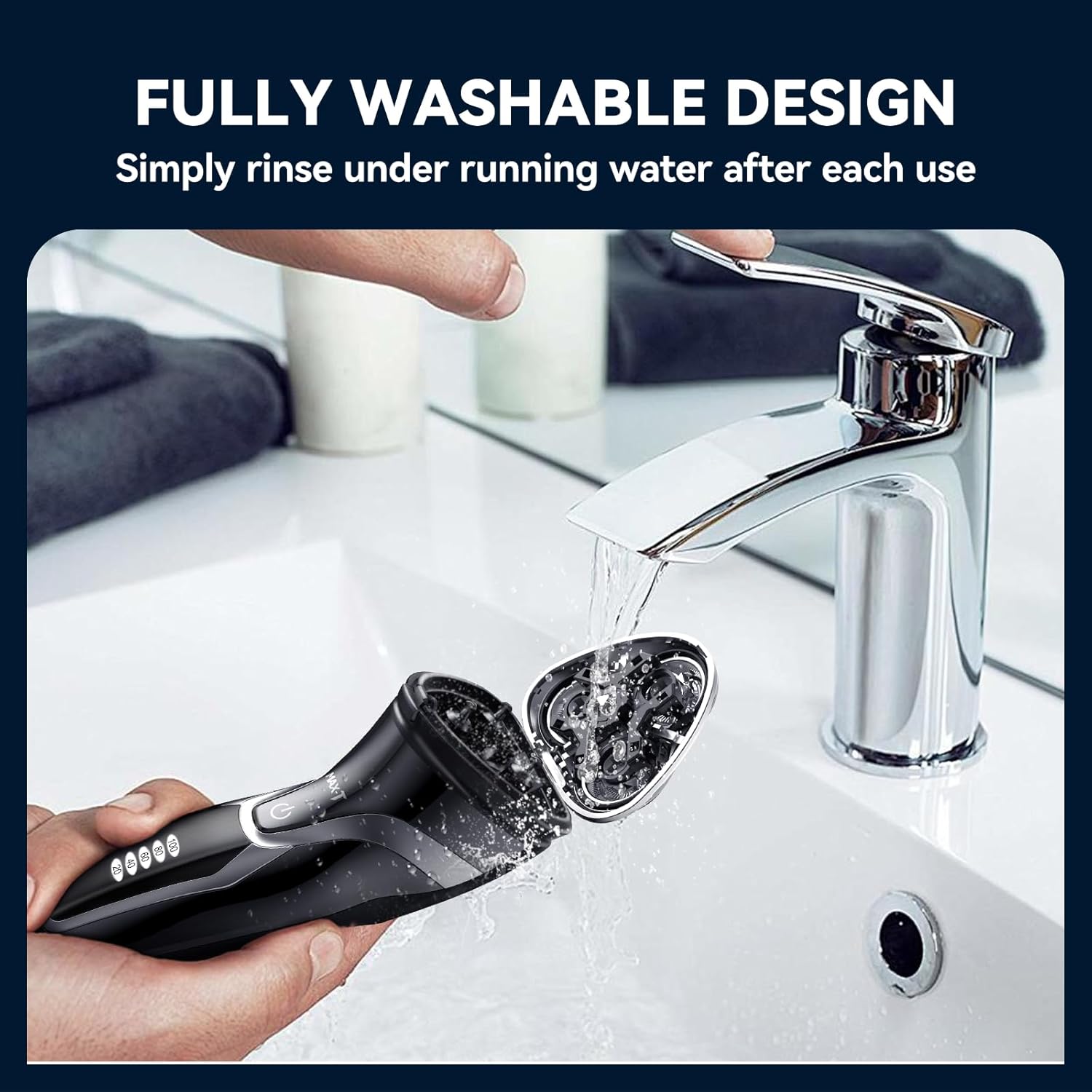 Rasoir électrique MAX-T pour hommes – Rasoir électrique pour rasage à sec et sous l'eau – Charge rapide en 1 h et autonomie de 120 min – Protection de la peau – Étanchéité IPX7