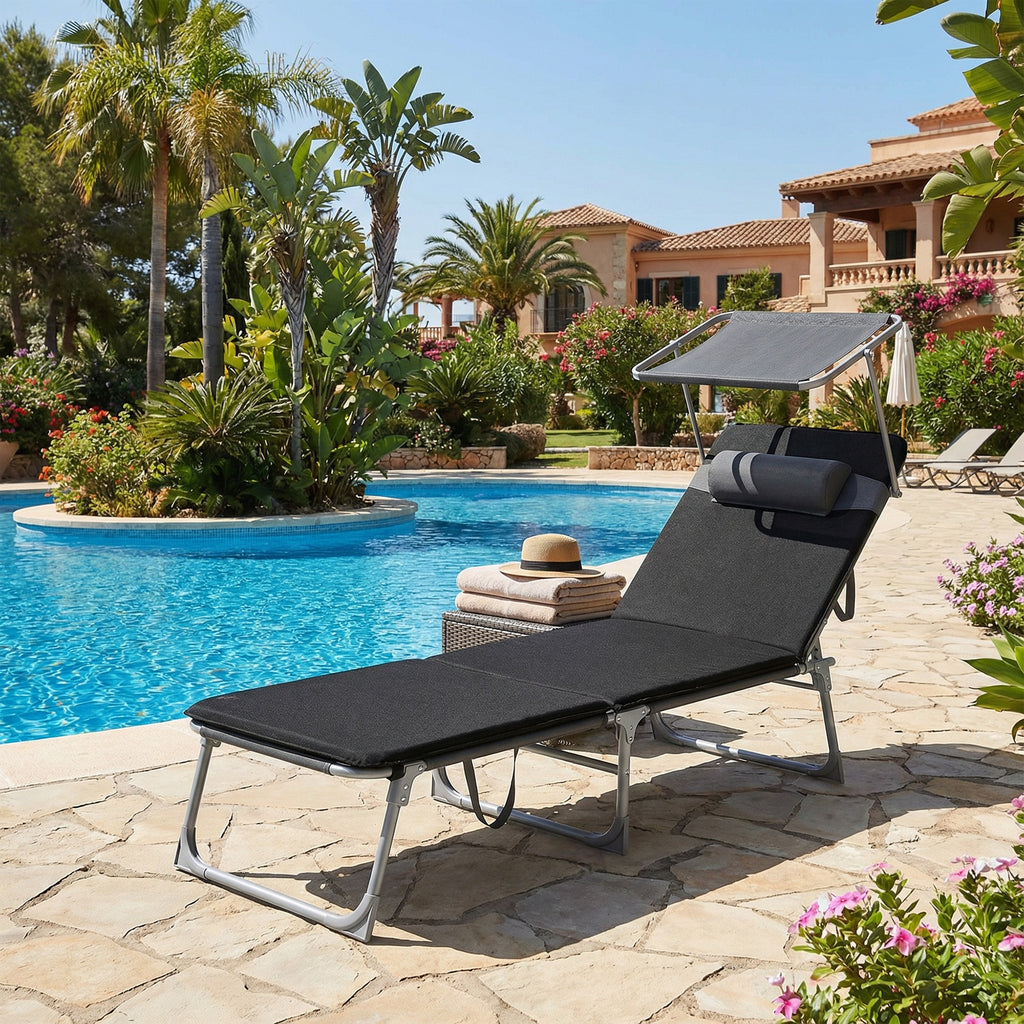 Ochama Chaise Longue de Jardin Pliante avec Dossier Réglable, Transat Extérieur, Appui-tête, Terrasse, Gris et Noir
