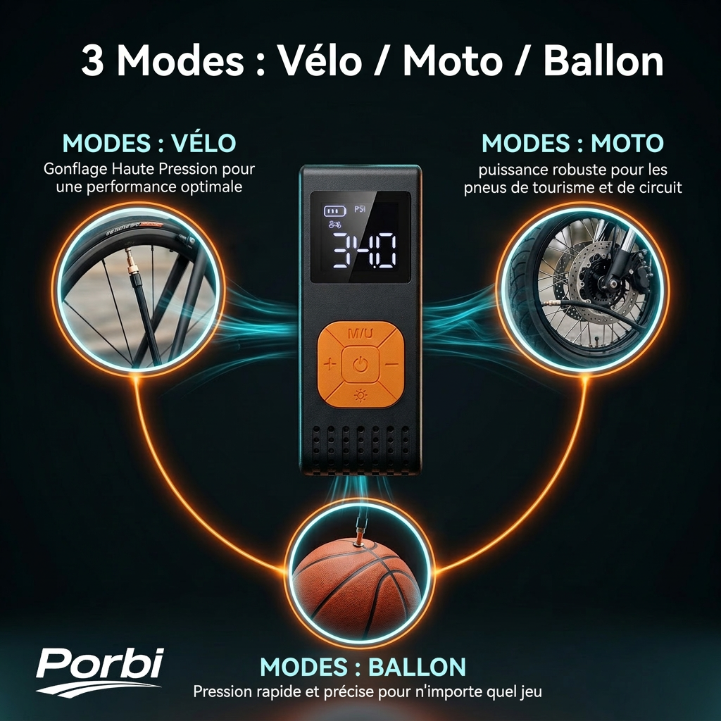 Porbi Pompe à Air Portable (1600 mAh, Modèle Q32) – Noir ; dispose de trois modes de gonflage pour motos, vélos et ballons de sport.