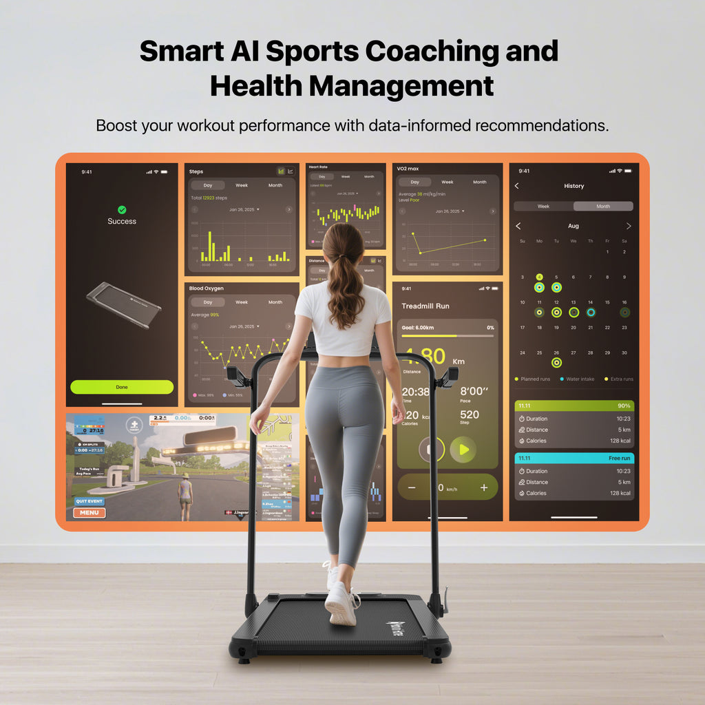 Mobvoi Tapis de course SE pliable 3-en-1, IA intelligente, 2,5 CV, compact, sous bureau, télécommande, application TicSports, rangement facile, 120 kg, 12 km/h, noir