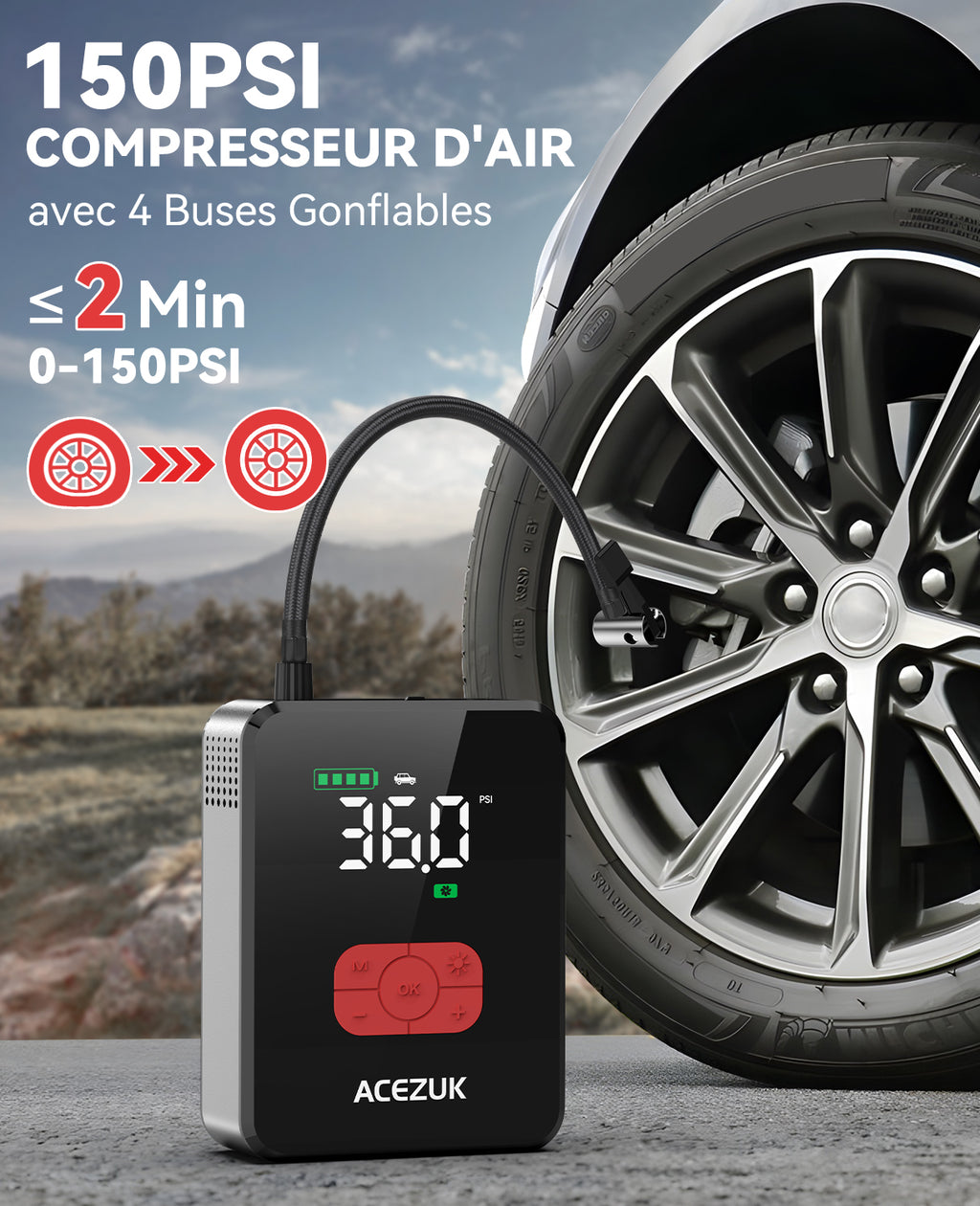 ACEZUK M06 Booster de batterie 7000 A avec batterie externe, pour voitures tout essence et diesel 12 L, avec compresseur d’air 150 PSI, 12 V, câbles de démarrage et éclairage LED