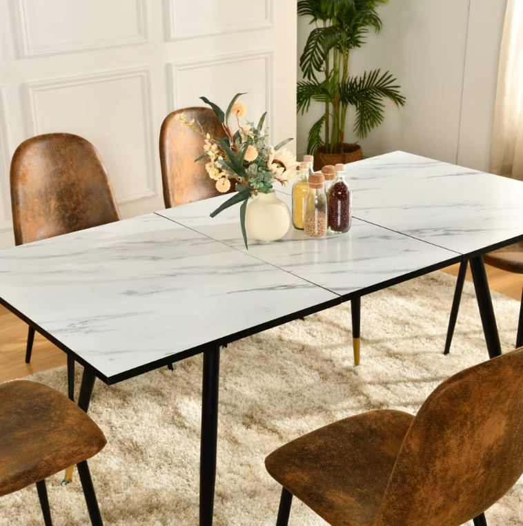 Table à Manger Extensible Urban Meuble en Motif Marbre Blanc 120-160x80x75cm