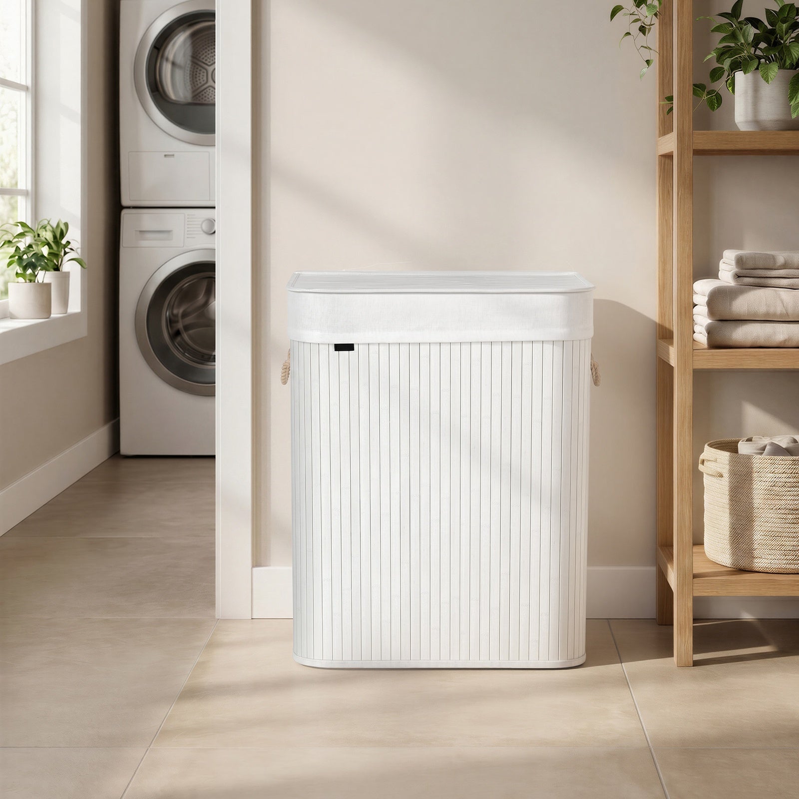 JOYFURNOS Grand Panier à Linge en Bambou, Panier à Linge Pliable à 2 Compartiments avec Couvercle, Blanc