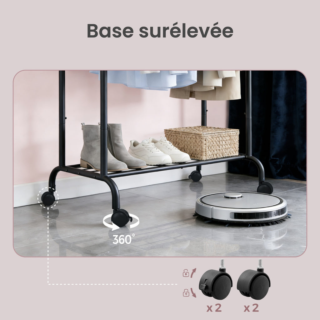 JOYFURNOS Portant à Vêtements Double avec Roulettes, Tringle à Vêtements Réglable, Cadre en Métal Robuste pour Chambre, Charge de 80 kg, Noir