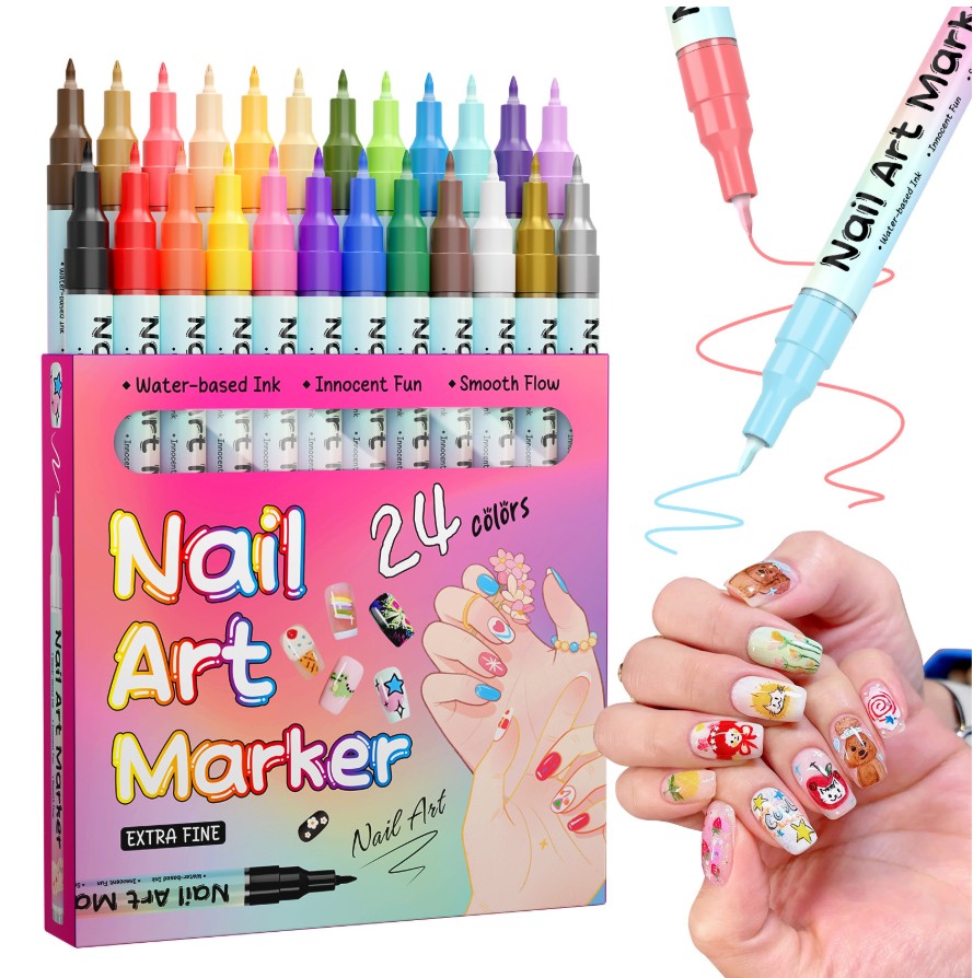 Stylos de décoration des ongles 24 couleurs, Ensemble de stylos de vernis à ongles 3D 0,5 mm, Outils de pointillage, Stylos de peinture acrylique