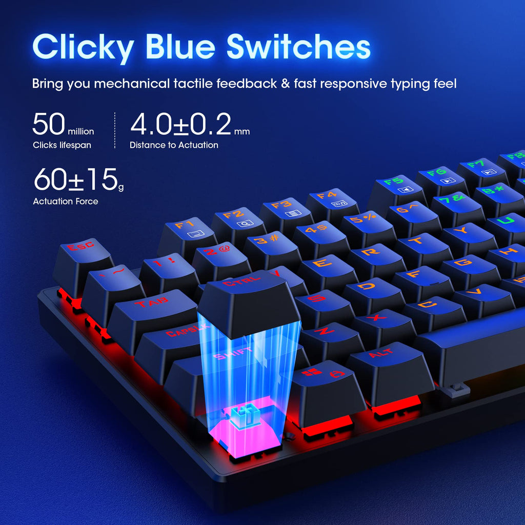 Clavier mécanique filaire 100 % ET, disposition QWERTY US, clavier filaire USB ultra-fin à rétroéclairage LED à 104 touches avec switch bleu