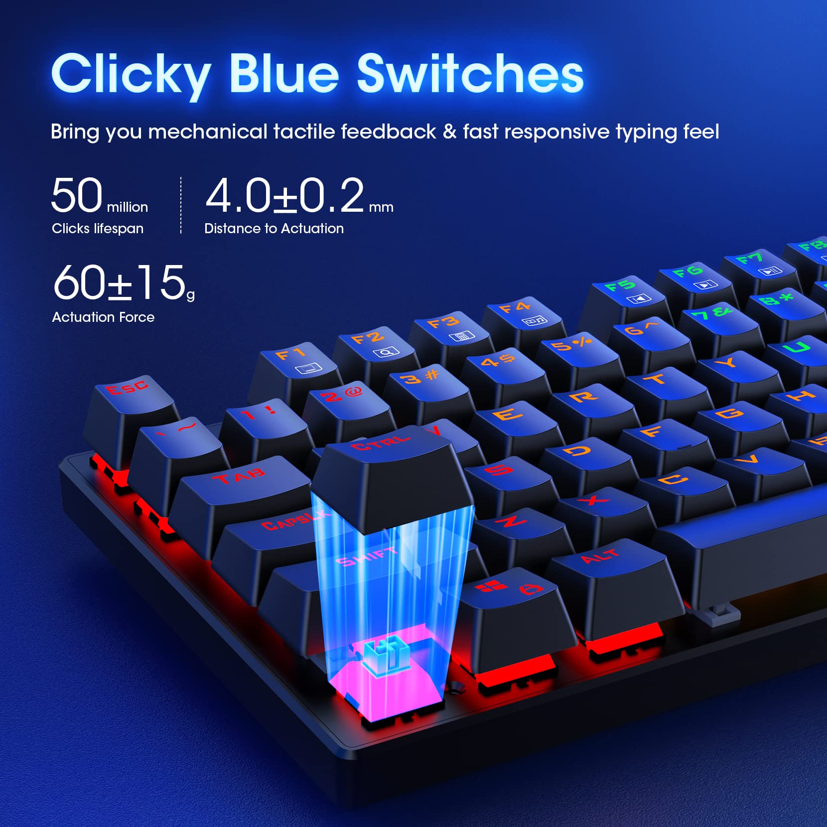 Clavier mécanique filaire 100 % ET, disposition QWERTY US, clavier filaire USB ultra-fin à rétroéclairage LED à 104 touches avec switch bleu