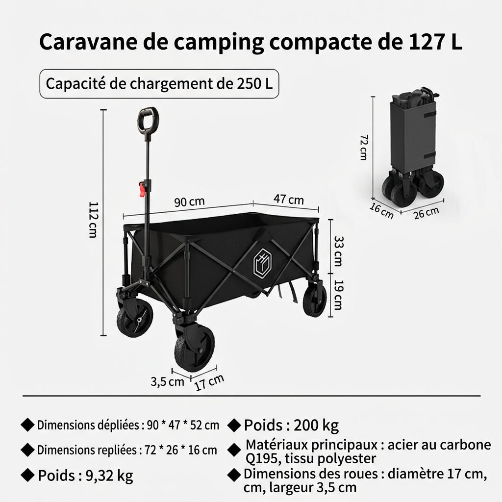 Ochama Chariot de camping pliable compact 127 L Jaune sable, Charge 200 kg, Capacité empilable 250 L, Roues pivotantes 360° à double frein, Rangement gain de place