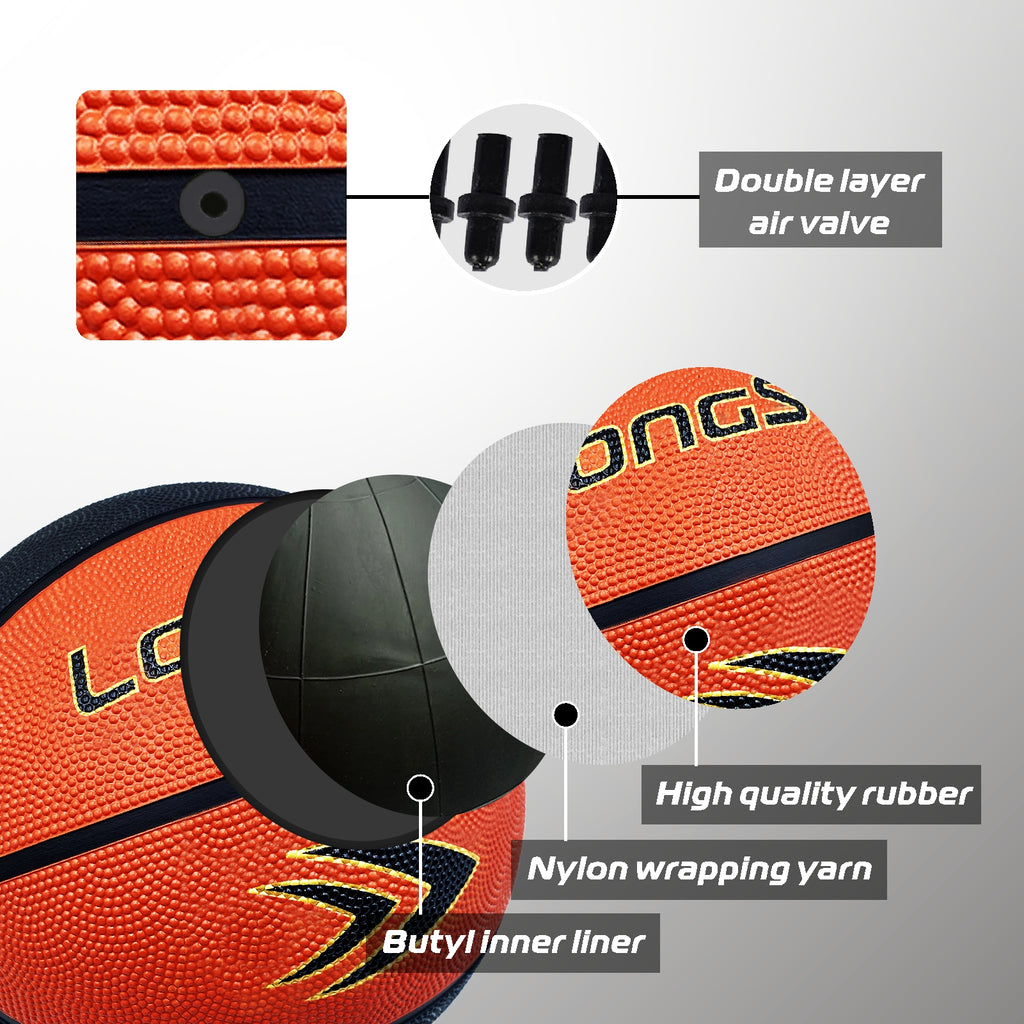LONGSAIL Ballon de basket-ball en caoutchouc de haute qualité 27,5 po Taille 5 Noir/Marron