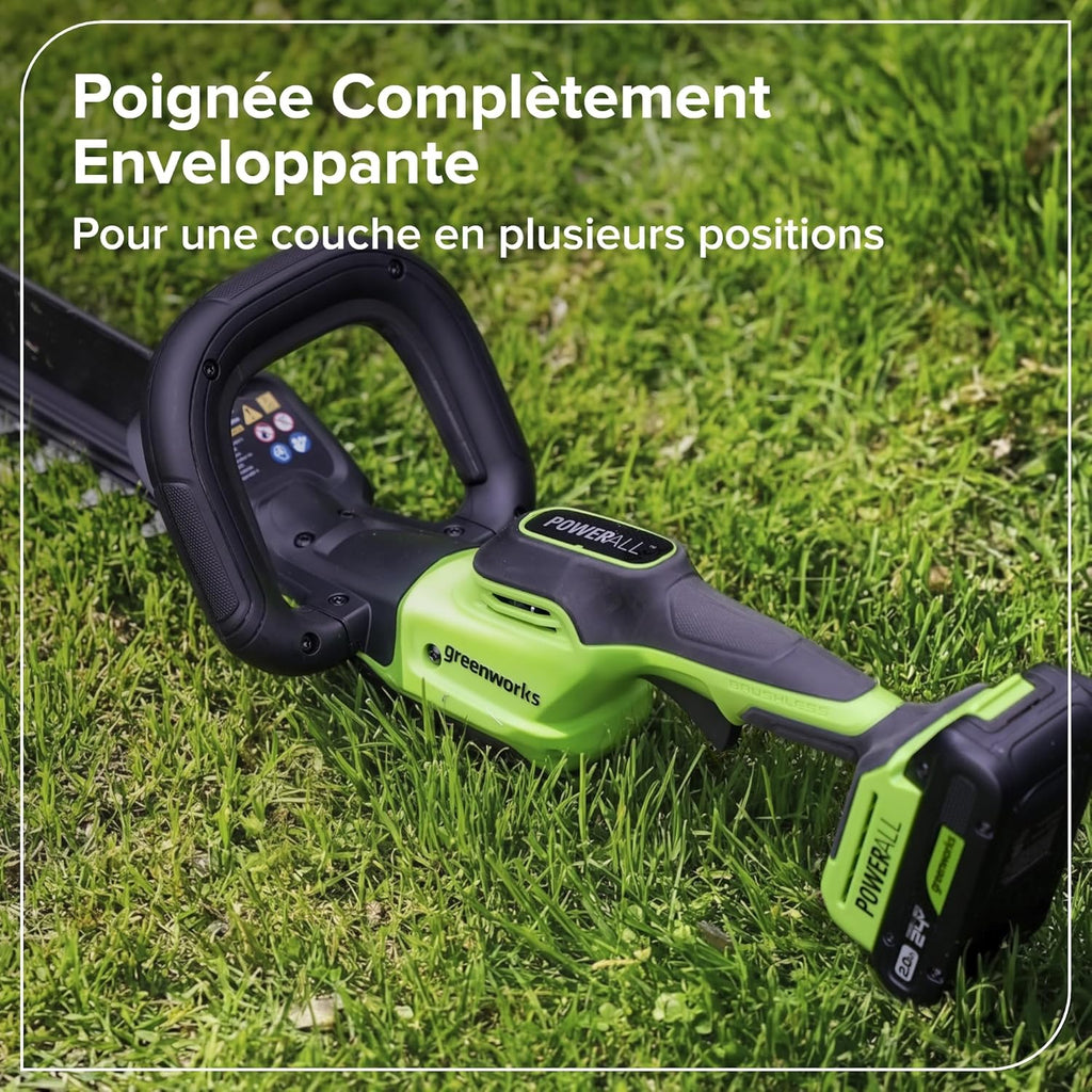 Greenworks Kit de tondeuse à haies sans fil 24 V 51 cm, Moteur sans balais, Capacité de coupe 28 mm, Lame à double action, Batterie 2,0 Ah et chargeur USB-C inclus, Balayeuse de haies HT2002A1
