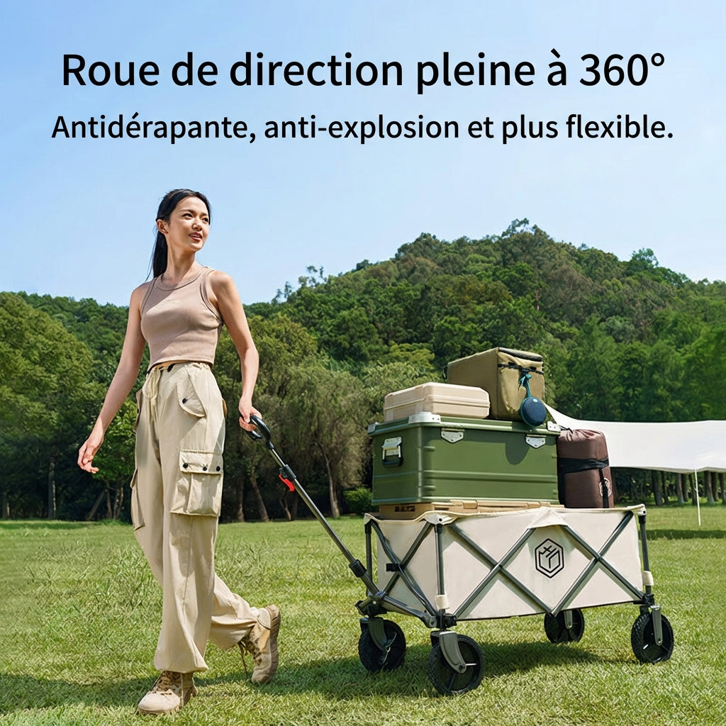 Ochama Chariot de camping pliable compact 127 L Jaune sable, Charge 200 kg, Capacité empilable 250 L, Roues pivotantes 360° à double frein, Rangement gain de place