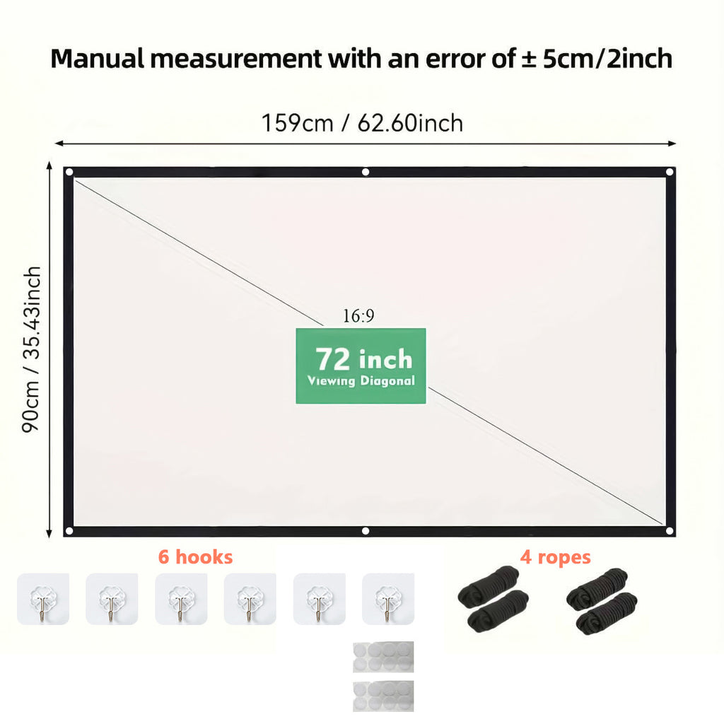 XBJ Écran de projection 72 pouces 16:9 | Écran pliable portable HD 4K anti-froissement, double face projection à grand angle de vision de 160°