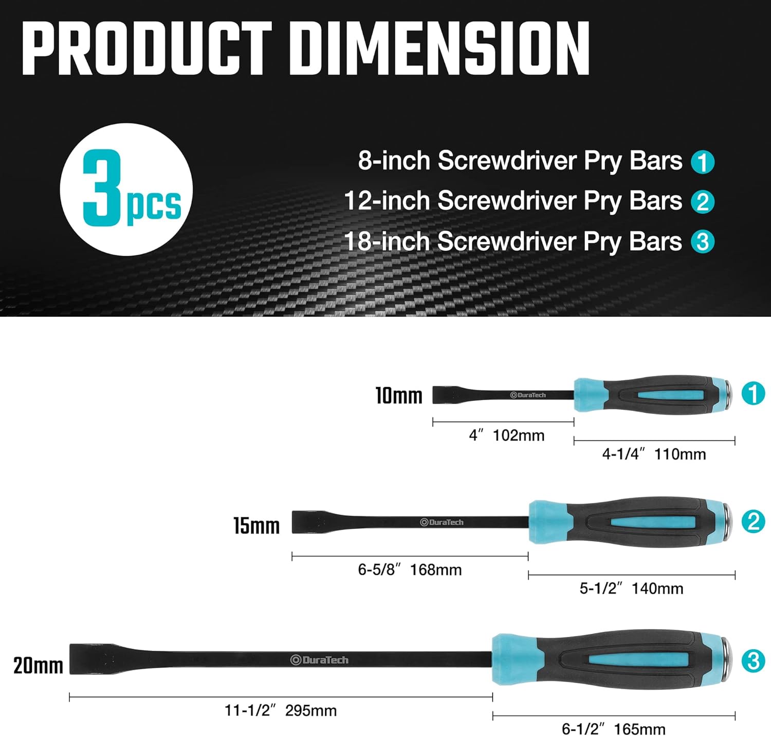DURATECH Set de 3 barres de levage, 8", 12" et 18", Embout frappable | Finition oxyde noir, Résistance à la corrosion, Levage supplémentaire, Pour espaces étroits