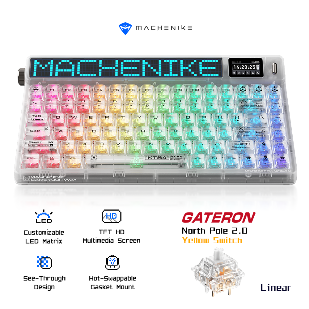 Machenike KT84-B84W clavier mécanique 75 %, triple mode, disposition QWERTY US, matrice LED personnalisable, écran TFT HD, design transparence, montage à joints remplaçable à chaud