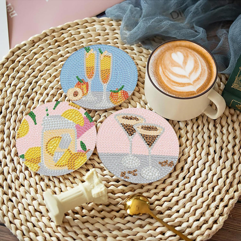 Ju7cer Lot de 6 sous-verres de peinture diamant 5D avec support - Art cocktail DIY pour tables à boissons et de café
