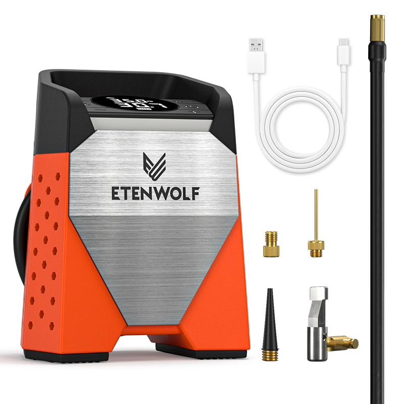 ETENWOLF ZEPHYR S3 Gonfleur de pneus portable, compresseur d'air, cycle de service à 100 %, pompe à air 160 PSI - Orange vif