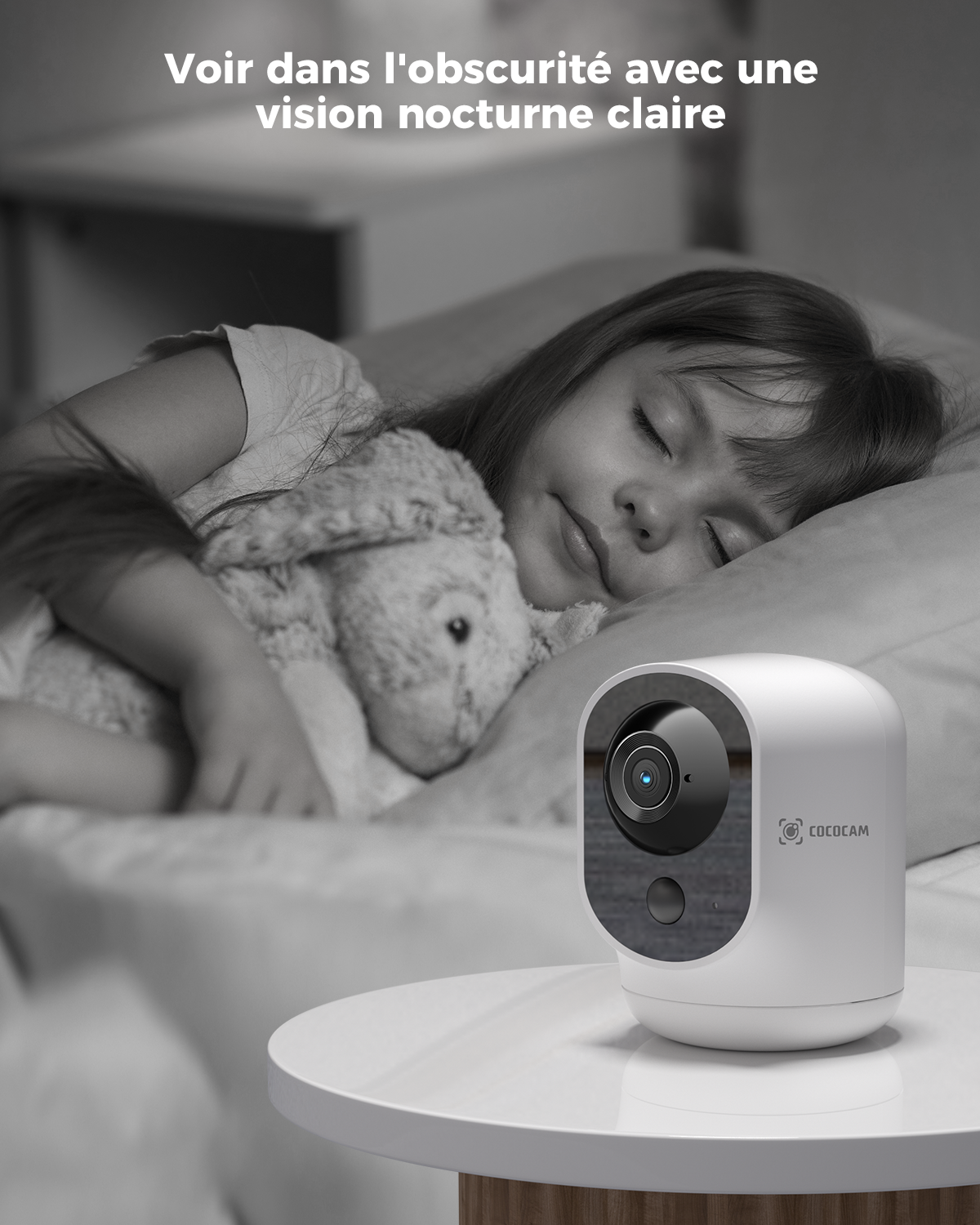 COCOCAM Caméra de sécurité intérieure 2K Wi-Fi panoramique et inclinable avec batterie 5200 mAh sans fil, reconnaissance IA, détection humaine PIR, compatible Alexa, 2,4 GHz