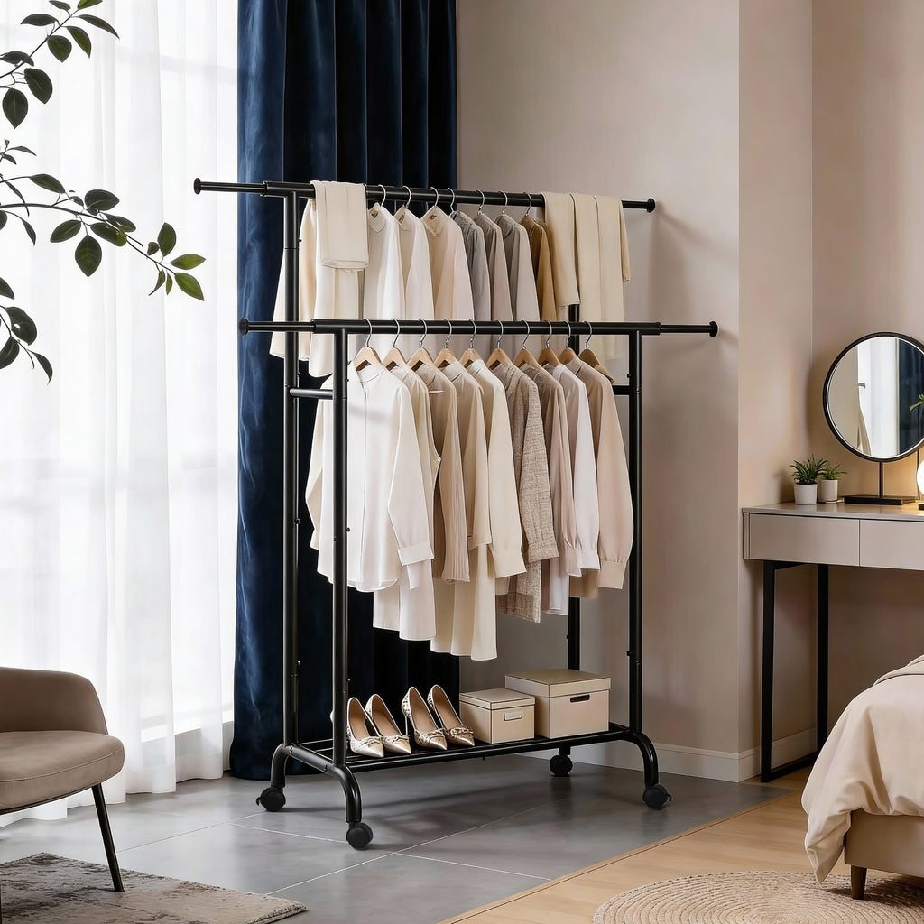 JOYFURNOS Portant à Vêtements Double avec Roulettes, Tringle à Vêtements Réglable, Cadre en Métal Robuste pour Chambre, Charge de 80 kg, Noir
