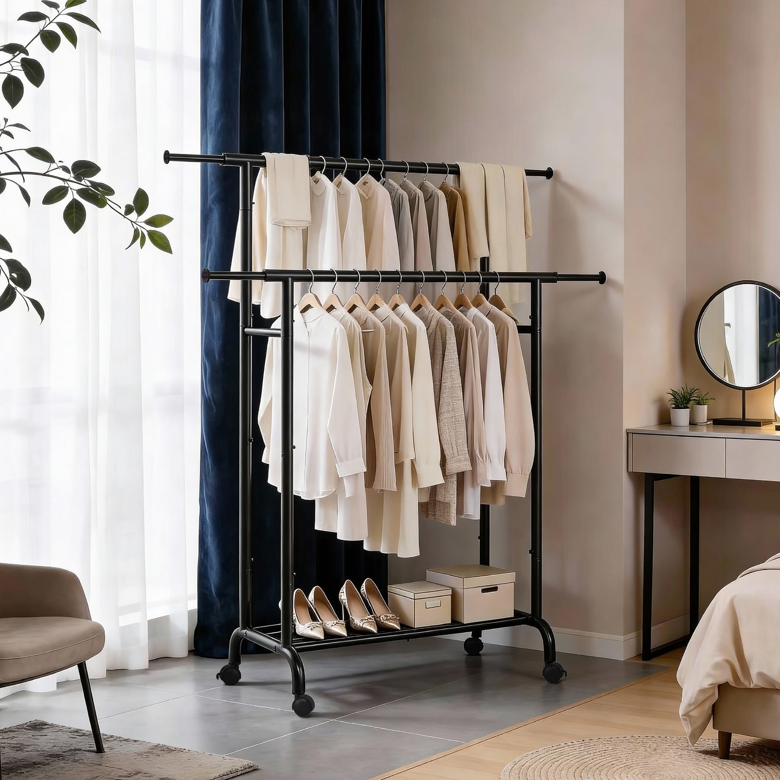 JOYFURNOS Portant à Vêtements Double avec Roulettes, Tringle à Vêtements Réglable, Cadre en Métal Robuste pour Chambre, Charge de 80 kg, Noir
