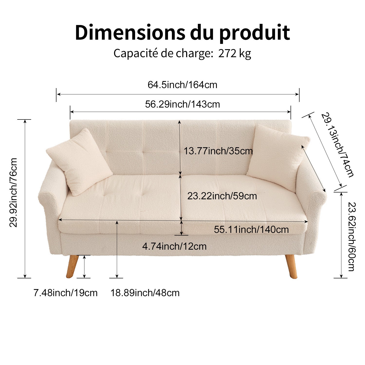HONEYOU 164 cm Canapé de Salon Moderne Mid-Century, Petit Canapé Rembourré à Boutons Tuftés pour Salon & Chambre, Peluche à Poils Courts, Beige