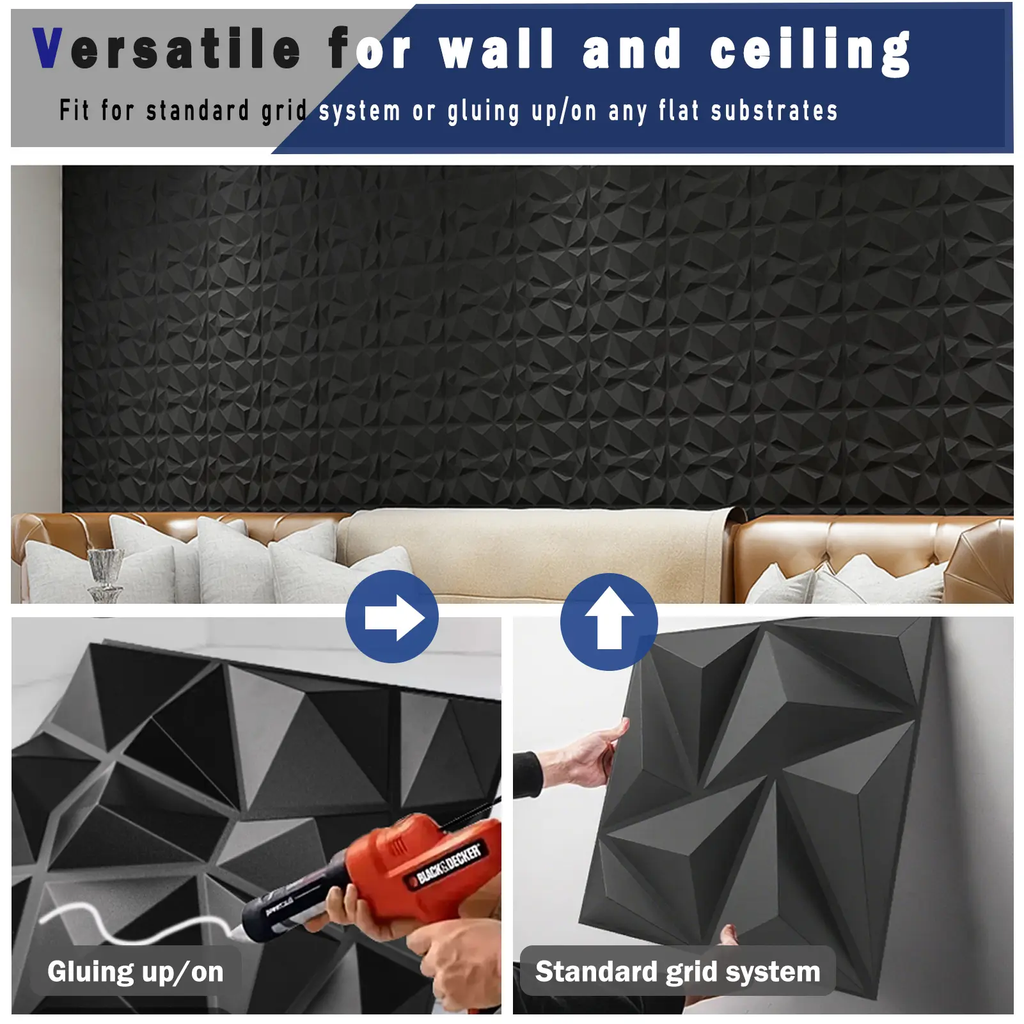 Art3d Panneaux muraux 3D Premium à motif diamant - Noir 30 x 30 cm (Lot de 33)